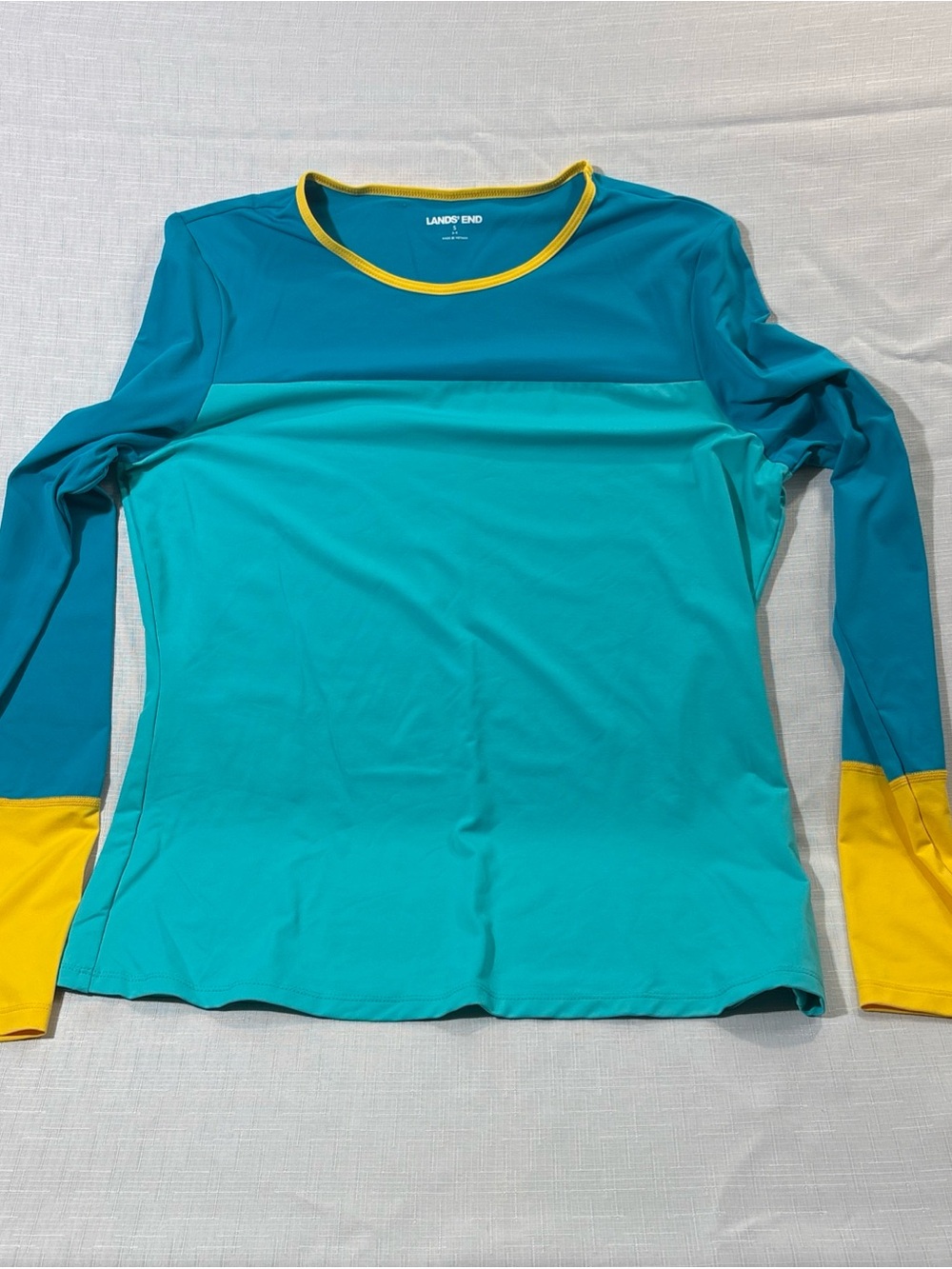 Lands' End Women's Teal Colorblock Long-Sleeve rash guard swim shirt Yellow Trim
